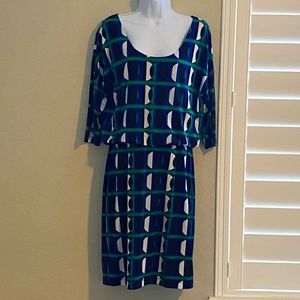 Blue, white, green dress w/elastic waist